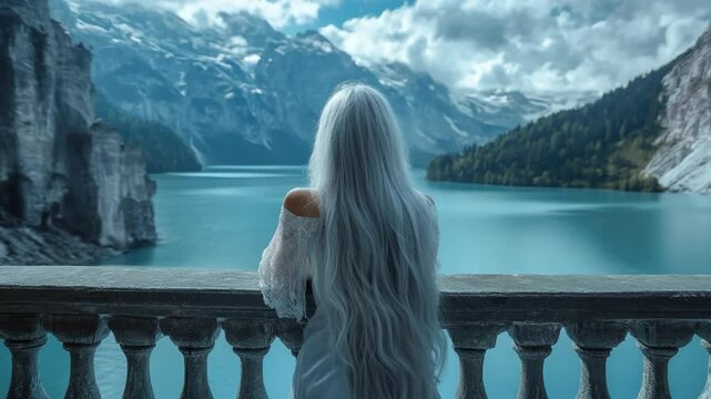 Fantasy queen with white hair overlooks serene alpine lake from palace balcony