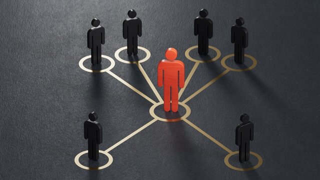 All for one. Teamwork. It is a stick figure.Organized groups managed by a leader.Leadership with business success concept.3D rendering on black background.