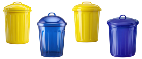 Set of yellow and blue plastic trash bins with lids
