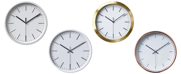 Set of modern minimalist wall clocks with metallic frames