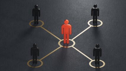 Teamwork icon. Business teams symbol. Leadership and connection sign.Organized groups managed by a leader.Leadership with business success concept.3D rendering on black background.