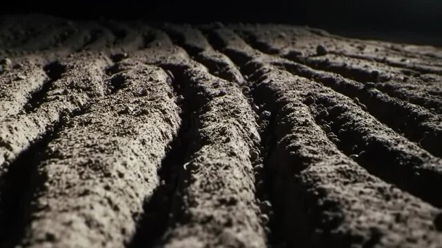 Dark Furrows Texture Of Tilled Soil Under Dim Lighting Condition