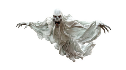Spectral being in white, Halloween ghost, supernatural horror, fantasy 3D render, spooky digital illustration, isolated on transparent background.