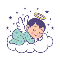 Cute Sleeping Angel Baby on Cloud with Stars