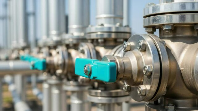 Industrial heating system with shiny metal pipes and valves. Central heating infrastructure includes numerous pipes and valves for precise temperature control. Modern heating system components 