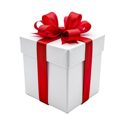 Obraz premium Elegant White Gift Box with Red Ribbon and Bow Ready for Special Occasion or Celebration