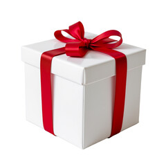 Elegant white gift box with a shiny red ribbon and bow on a clean background for special occasions and celebrations