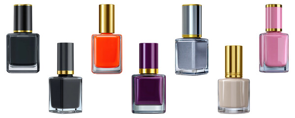 Set of colorful nail polish bottles with gold and silver caps