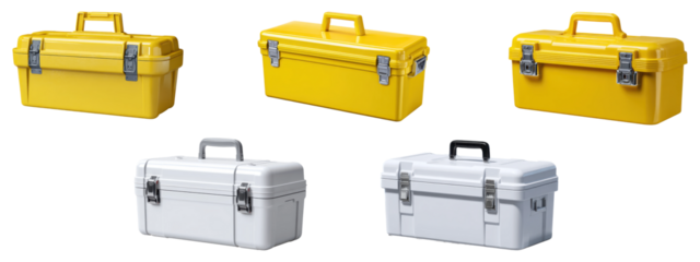 Set of yellow and white plastic toolboxes with metal latches