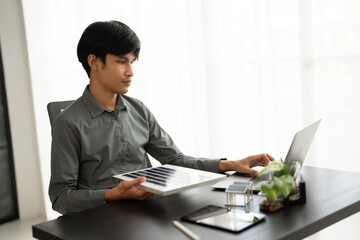 Solar panels green energy Business man working  green eco friendly office business creative idea...
