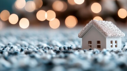 A charming miniature house covered in snow sits on a textured knitted backdrop, evoking feelings of warmth, coziness, and nostalgia for winter and holiday cheer.