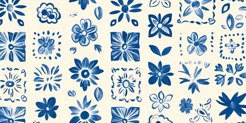 Blue Floral Pattern, Modern Botanical Print, Nature Background, Textile Design, Wrapping Paper, Spring Summer Decor