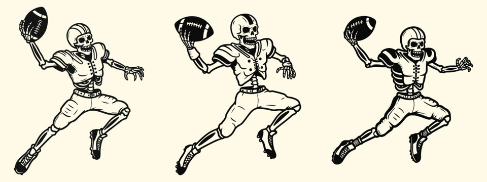 Skeleton Football Player Vector &ndash; Black and White Mid-Air Action Skeleton Holding Ball Illustration