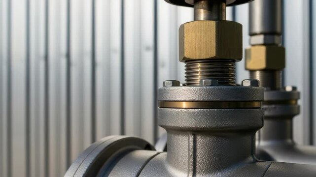Industrial heating system pipes and valves close up.  Detailed image shows metal plumbing components.  Modern heating system equipment for industrial applications.