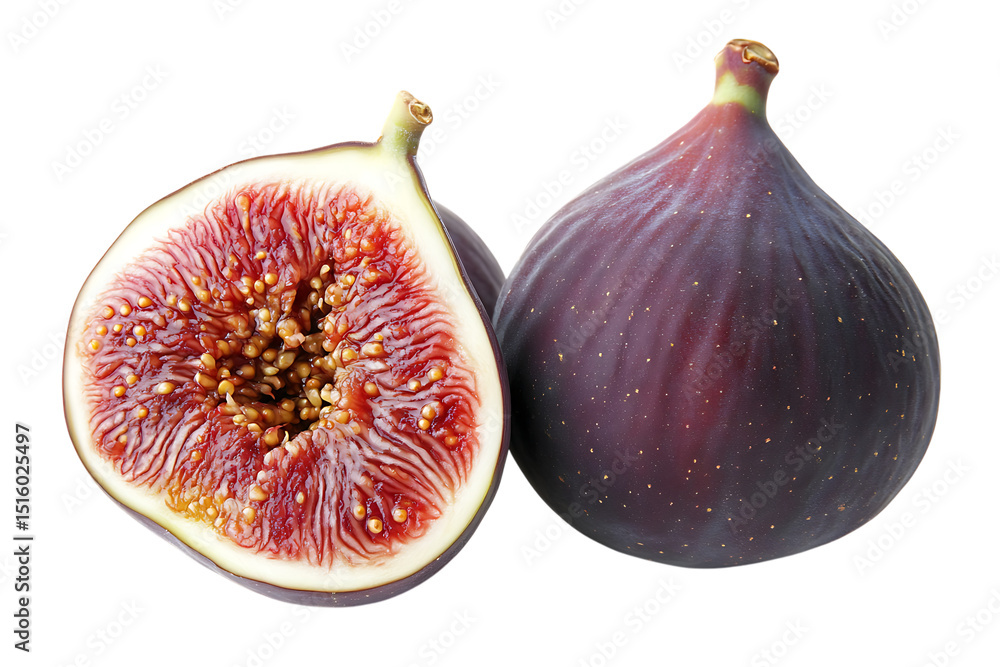 Poster two figs, one cut in half, revealing seeds and pulp against a trasparent background