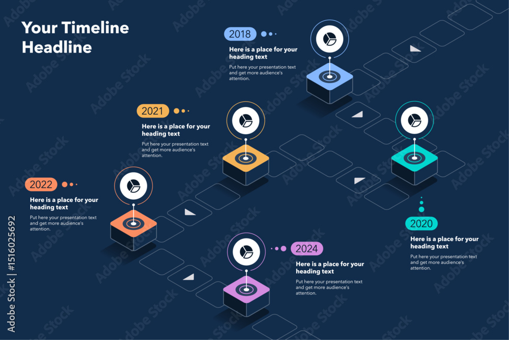 Aufkleber Isometric timeline infographic template with five stages - dark version. Flat diagram for workflow layout, banner or web design.