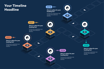 Isometric timeline infographic template with five stages - dark version. Flat diagram for workflow layout, banner or web design.