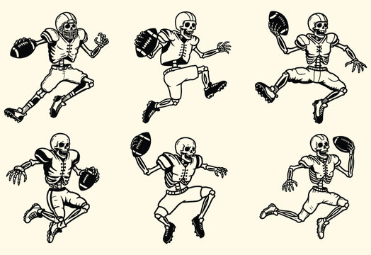 Skeleton Football Player in Action &ndash; Black and White Vector Illustration of Skull Athlete Jumping with Ball