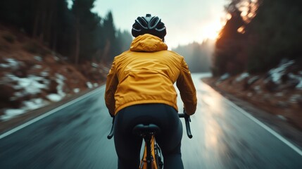 A captivating image of a cyclist braving a rainy road, highlighting their determination and connection with nature as the sun sets beautifully behind the tree-lined path.