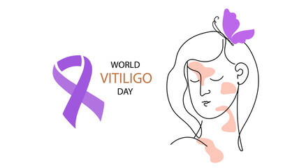 world vitiligo day banner, line art vector illustration. face woman with vitiligo skin isolated on white background.