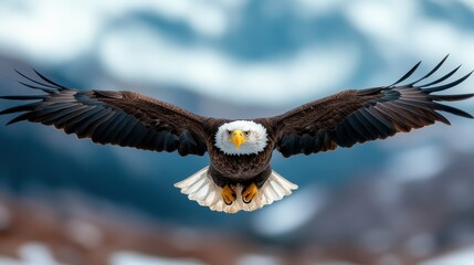 An incredible shot of a bald eagle soaring gracefully through the air, showcasing its powerful wingspan against a blurred mountain backdrop that emphasizes its majesty.