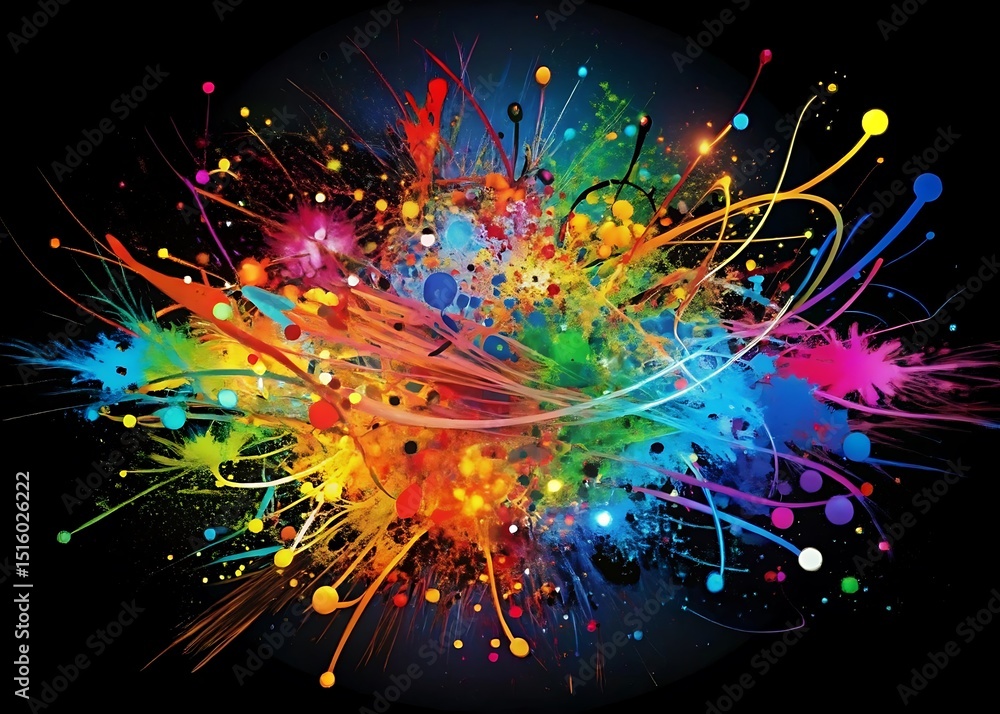 Poster a vibrant explosion of colorful paint splatters and bursts against a dark backdrop, creating an abst