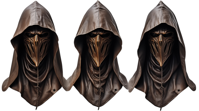 Bronze hooded masks, dark brown leather, medieval fantasy design, intricate 3D art, game character model set, isolated on transparent background.