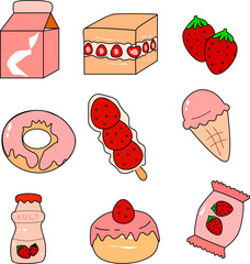 Cute Strawberry Dessert Food Vector Set &ndash; Hand-Drawn Cartoon Style Icons of Donut, Ice Cream, Milk, Cake, Yogurt, Candy, and Fruit for Menu, Sticker, or Kids Design Projects