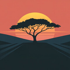 Silhouette of acacia tree at sunset landscape