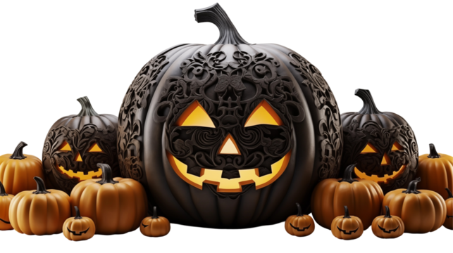 Black carved pumpkins, elegant Halloween decor, dark orange jack-o'-lanterns, autumn gourd art, festive fall, isolated on transparent background.