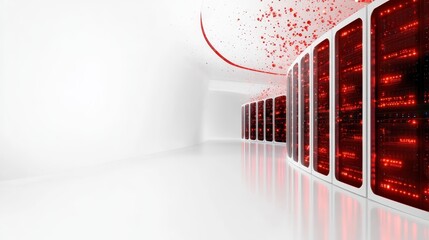 An ultra-modern data center features sleek design and red ambient lighting, representing the cutting-edge technology landscape and innovation in digital infrastructure.