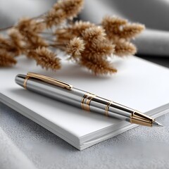 Fototapeta premium Silver pen on white notepad with dried grasses