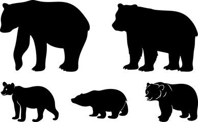 Five black bear silhouettes in various poses on a white background vector art