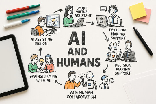Cartoon illustration depicting AI and human collaboration in various fields.