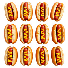 Multiple Classic Hot Dogs with Mustard in a Grid Arrangement for Food Background or Menu Design
