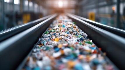 A conveyor belt filled with various waste materials highlights the environmental challenges of recycling, emphasizing the importance of sustainability and responsible waste management.
