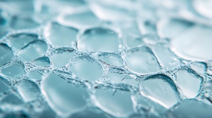 An intricate macro shot reveals the beauty of bubbles in water, showcasing translucent shapes and details that evoke sensations of purity, freshness, and tranquility.