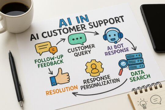 Flowchart depicting AI in customer support on desk with coffee and tablet.