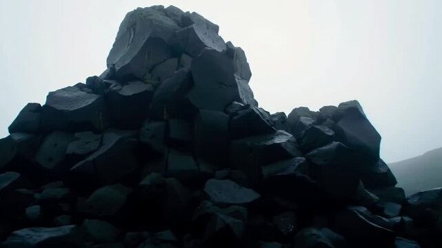 Dramatic Basalt Column Formation Under Ominous Sky With Fog