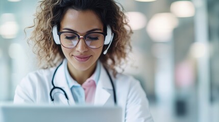 A confident female doctor, wearing glasses and a lab coat, engages in a telemedicine session, showcasing modern healthcare technology and compassionate patient care.