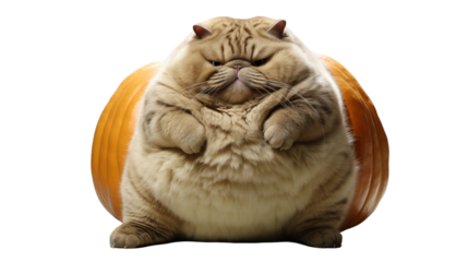 Fluffy cat with orange pumpkin, cute autumn pet scene, beige-cream fur, funny animal still life, cozy fall, isolated on transparent background.