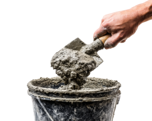 Closeup of hand holding trowel, mixing cement in bucket, showcasing texture and consistency of material. image conveys sense of hard work and craftsmanship