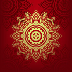 Red color mandala, gold color mandala background design, Islamic traditional background, use to social media post, cover, frame, border for religious event