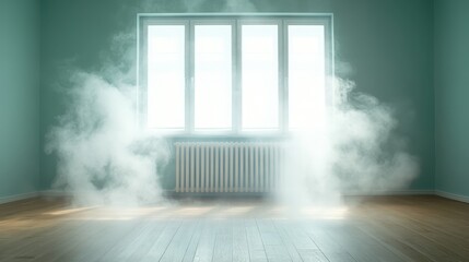 A serene room filled with diffuse mist, where soft sunlight pours through the windows, creating a calming atmosphere that embodies peace and quiet reflection.