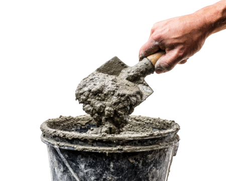 Closeup of hand holding trowel, mixing cement in bucket, showcasing texture and consistency of material. image conveys sense of hard work and craftsmanship