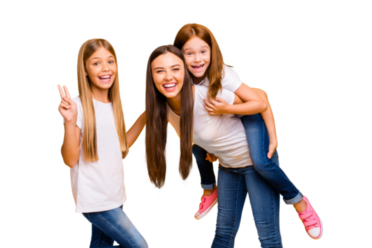 Photo of crazy three ladies showing v-sign playful weekend wear casual clothes isolated yellow background