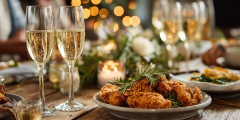 Fototapeta premium A lavish dining setup featuring a golden, crispy fried chicken centerpiece, elegantly presented alongside sparkling champagne glasses in a sophisticated ambiance. National Fried Chicken Day