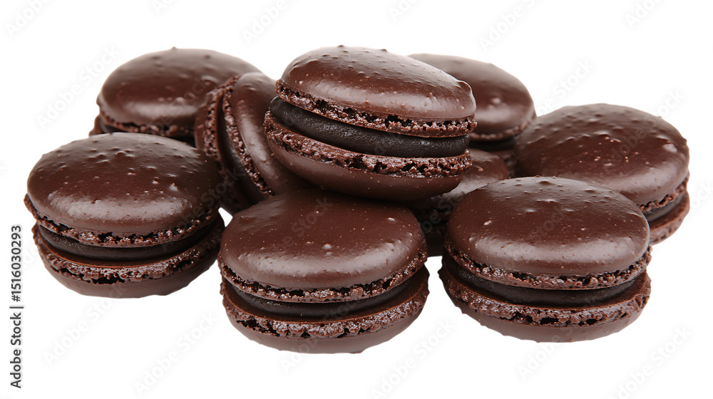 Poster pile of chocolate macaroons with dark ganache filling on a trasparent background