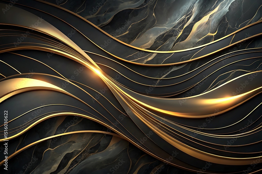 Poster elegant black and gold abstract background with flowing waves and shimmering light, creating a luxur