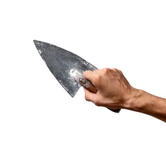 Hand holding trowel, ready for smoothing plaster, showcases tool metallic surface and ergonomic grip. This captures essence of construction and craftsmanship